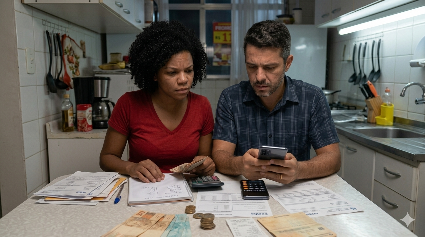 Um casal, com expressões preocupadas, organiza as finanças familiares na mesa da cozinha, conferindo contas e usando calculadoras no celular.