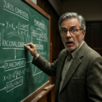 Fotografia cinematográfica de um professor sênior de economia em uma sala de aula antiga, com uma expressão genuína de surpresa e revelação no rosto, segurando um giz diante de um grande quadro verde preenchido com fórmulas complexas e a palavra "Racionalidade". Ilustração visual do momento em que a educação financeira tradicional falha.