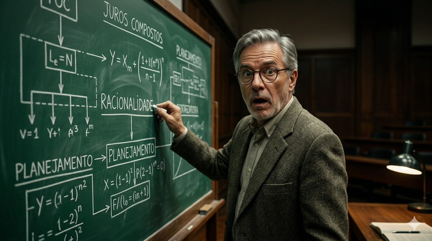 Fotografia cinematográfica de um professor sênior de economia em uma sala de aula antiga, com uma expressão genuína de surpresa e revelação no rosto, segurando um giz diante de um grande quadro verde preenchido com fórmulas complexas e a palavra "Racionalidade". Ilustração visual do momento em que a educação financeira tradicional falha.